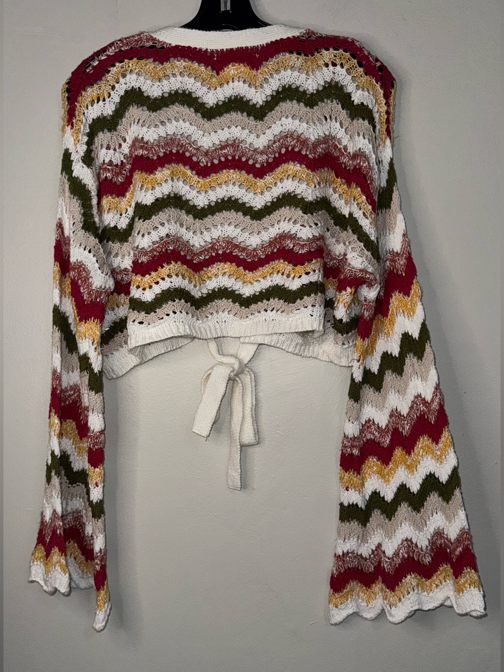 Crochet Tie-Front Cardigan in Cream with Olive, Pink & Gold Chevron - Picture 11 of 12